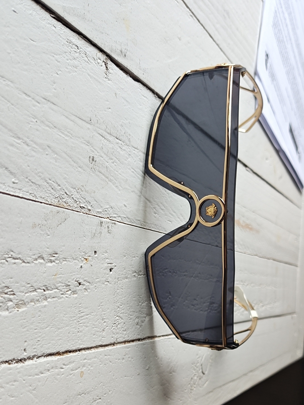 Versace Black Shield Sunglasses with Gold Accents